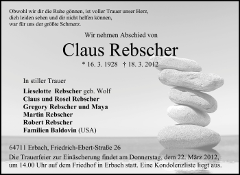 Traueranzeige von Claus Rebscher von Odenwälder Echo