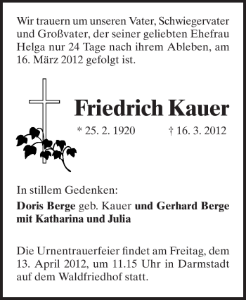 Traueranzeige von Friedrich Kauer von Darmstädter Echo, Odenwälder Echo, Rüsselsheimer Echo, Groß-Gerauer-Echo, Ried Echo