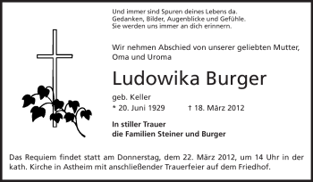 Traueranzeige von Ludowika Burger von Rüsselsheimer Echo, Groß-Gerauer-Echo, Ried Echo