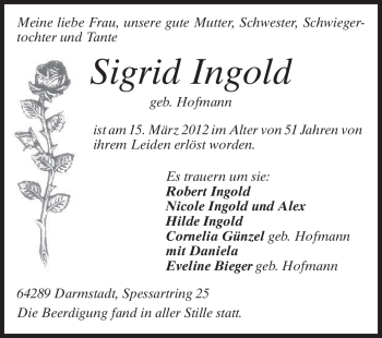 Traueranzeige von Sigrid Ingold von Echo-Zeitungen (Gesamtausgabe)
