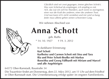 Traueranzeige von Anna Schott von Echo-Zeitungen (Gesamtausgabe)