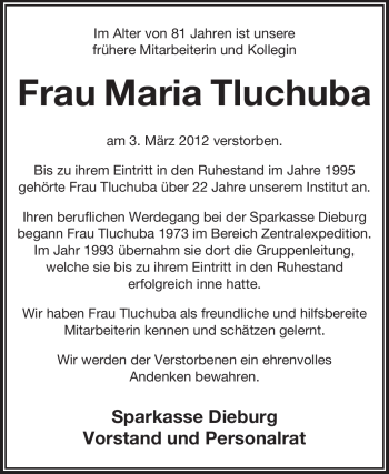 Traueranzeige von Maria Tluchuba von Echo-Zeitungen (Gesamtausgabe)