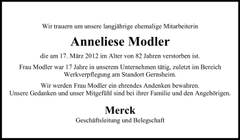 Traueranzeige von Anneliese Modler von Rüsselsheimer Echo, Groß-Gerauer-Echo, Ried Echo
