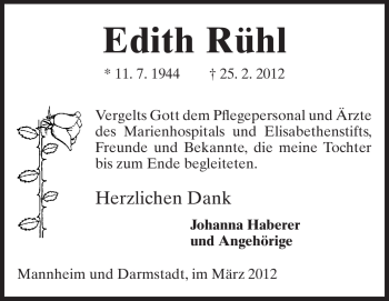 Traueranzeige von Edith Rühl von Darmstädter Echo, Odenwälder Echo, Rüsselsheimer Echo, Groß-Gerauer-Echo, Ried Echo