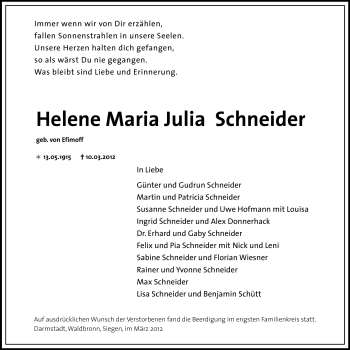Traueranzeige von Helene Maria Julia Schneider von Echo-Zeitungen (Gesamtausgabe)