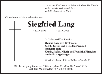 Traueranzeige von Siegfried Lang von Rüsselsheimer Echo, Groß-Gerauer-Echo, Ried Echo