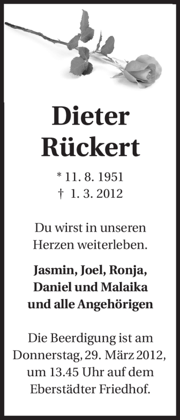 Traueranzeige von Dieter Rückert von Echo-Zeitungen (Gesamtausgabe)