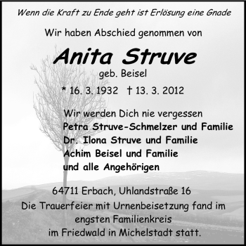 Traueranzeige von Anita Struve von Odenwälder Echo