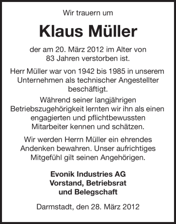 Traueranzeige von Klaus Müller von Echo-Zeitungen (Gesamtausgabe)