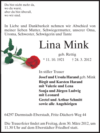 Traueranzeige von Lina Mink von Echo-Zeitungen (Gesamtausgabe)