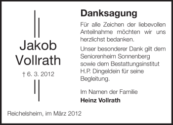 Traueranzeige von Jakob Vollrath von Odenwälder Echo