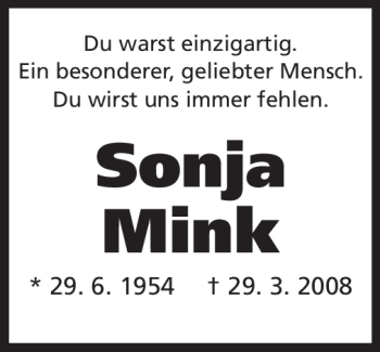 Traueranzeige von Sonja Mink von Echo-Zeitungen (Gesamtausgabe)