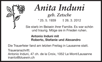 Traueranzeige von Anita Induni von Echo-Zeitungen (Gesamtausgabe)