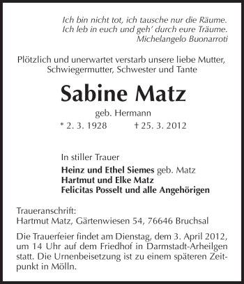 Traueranzeige von Sabine Matz von Echo-Zeitungen (Gesamtausgabe)
