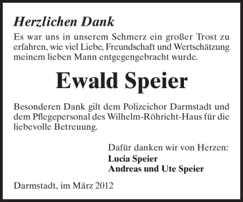 Traueranzeige von Ewald Speier von Echo-Zeitungen (Gesamtausgabe)