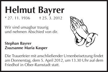 Traueranzeige von Helmut Bayrer von Darmstädter Echo, Odenwälder Echo, Rüsselsheimer Echo, Groß-Gerauer-Echo, Ried Echo