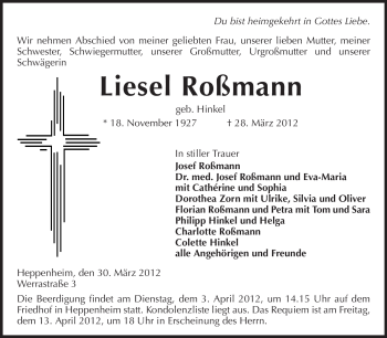 Traueranzeige von Liesel Roßmann von Starkenburger Echo, Bergsträßer Anzeiger