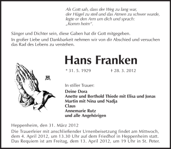 Traueranzeige von Hans Franken von Starkenburger Echo