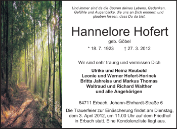 Traueranzeige von Hannelore Hofert von Odenwälder Echo