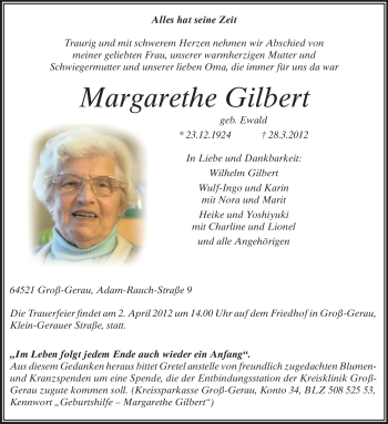 Traueranzeige von Margarethe Gilbert von Rüsselsheimer Echo, Groß-Gerauer-Echo, Ried Echo