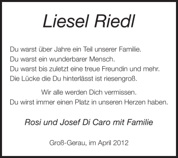 Traueranzeige von Liesel Riedl von Rüsselsheimer Echo, Groß-Gerauer-Echo, Ried Echo
