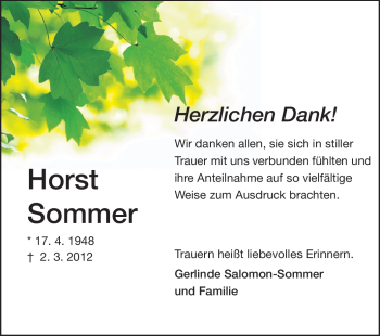 Traueranzeige von Horst Sommer von Darmstädter Echo, Odenwälder Echo, Rüsselsheimer Echo, Groß-Gerauer-Echo, Ried Echo