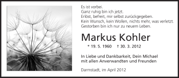 Traueranzeige von Markus Kohler von Echo-Zeitungen (Gesamtausgabe)