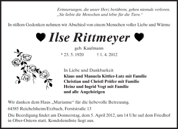 Traueranzeige von Ilse Rittmeyer von Starkenburger Echo, Bergsträßer Anzeiger