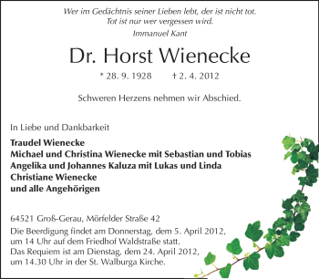 Traueranzeige von Horst Wienecke von Rüsselsheimer Echo, Groß-Gerauer-Echo, Ried Echo