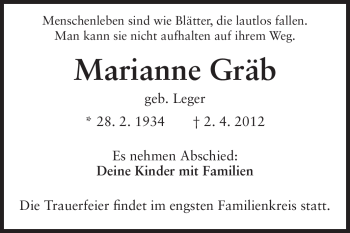 Traueranzeige von Marianne Gräb von Echo-Zeitungen (Gesamtausgabe)