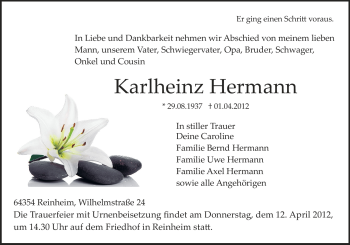 Traueranzeige von Karlheinz Hermann von Darmstädter Echo, Odenwälder Echo, Rüsselsheimer Echo, Groß-Gerauer-Echo, Ried Echo