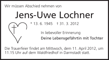 Traueranzeige von Jens-Uwe Lochner von Echo-Zeitungen (Gesamtausgabe)