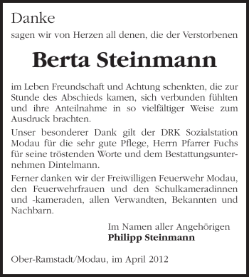 Traueranzeige von Berta Steinmann von Echo-Zeitungen (Gesamtausgabe)
