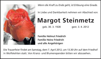 Traueranzeige von Margot Steinmetz von Rüsselsheimer Echo, Groß-Gerauer-Echo, Ried Echo