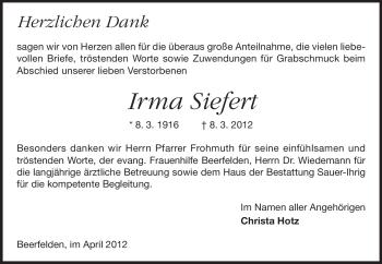 Traueranzeige von Irma Siefert von Odenwälder Echo