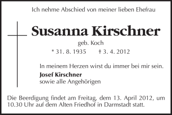 Traueranzeige von Susanna Kirschner von Echo-Zeitungen (Gesamtausgabe)