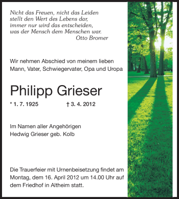 Traueranzeige von Philipp Grieser von Echo-Zeitungen (Gesamtausgabe)