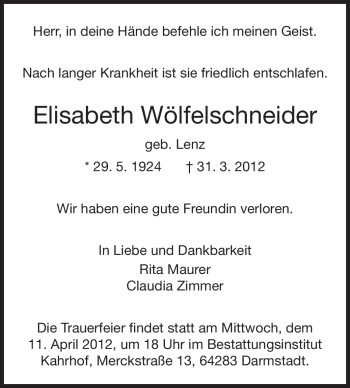 Traueranzeige von Elisabeth Wölfelschneider von Darmstädter Echo, Odenwälder Echo, Rüsselsheimer Echo, Groß-Gerauer-Echo, Ried Echo