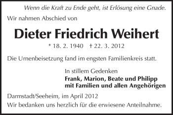 Traueranzeige von Dieter Friedrich Weihert von Echo-Zeitungen (Gesamtausgabe)