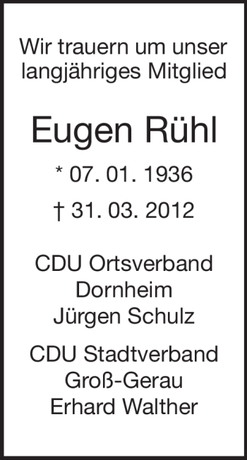 Traueranzeige von Eugen Rühl von Rüsselsheimer Echo, Groß-Gerauer-Echo, Ried Echo