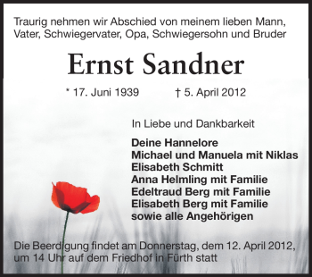 Traueranzeige von Ernst Sandner von Echo-Zeitungen (Gesamtausgabe)
