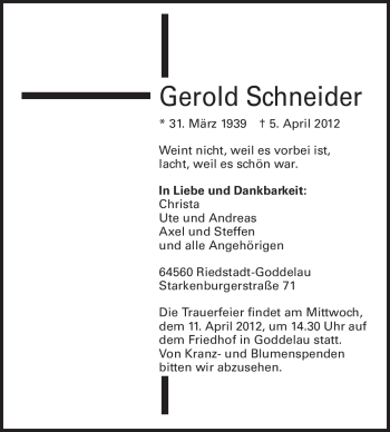 Traueranzeige von Gerold Schneider von Echo-Zeitungen (Gesamtausgabe)