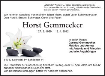 Traueranzeige von Horst Gemmecker von Echo-Zeitungen (Gesamtausgabe)