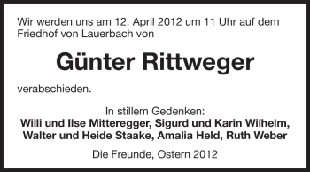 Traueranzeige von Günter Rittweger von Echo-Zeitungen (Gesamtausgabe)