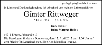 Traueranzeige von Günter Rittweger von Odenwälder Echo