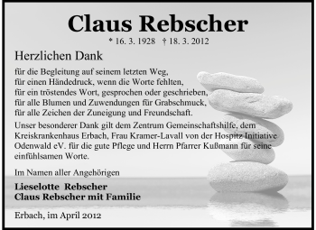 Traueranzeige von Claus Rebscher von Odenwälder Echo