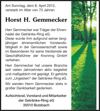 Traueranzeige von Horst Gemmecker von Echo-Zeitungen (Gesamtausgabe)