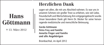 Traueranzeige von Hans Göttmann von Odenwälder Echo