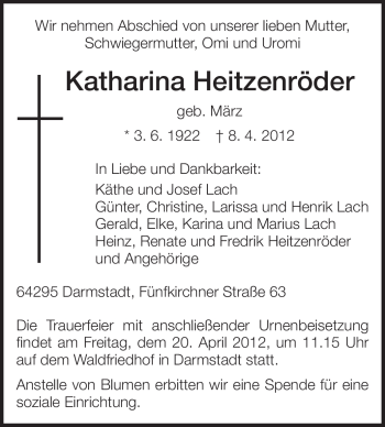 Traueranzeige von Katharina Heitzenröder von Darmstädter Echo, Odenwälder Echo, Rüsselsheimer Echo, Groß-Gerauer-Echo, Ried Echo