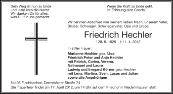 Traueranzeige von Friedrich Hechler von Echo-Zeitungen (Gesamtausgabe)